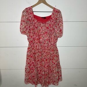 Just…Taylor • Pink Floral Printed Ruffled Chiffon Smocked Flare Dress